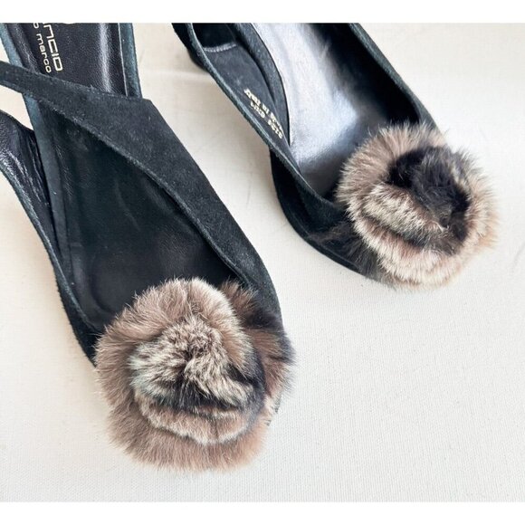 Suede Leather Fur Rosette Detail Peep toe Sling Back Heels 6.5 - Picture 2 of 11
